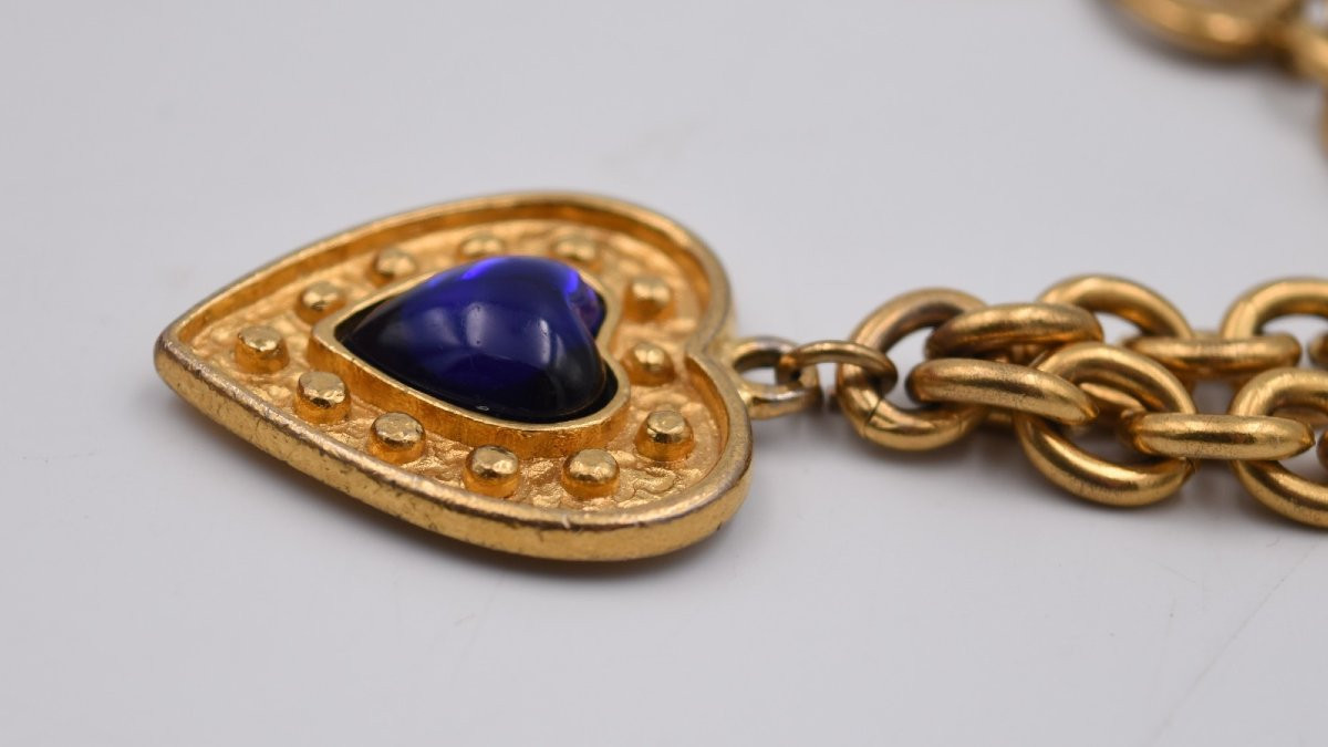 Vintage Yves Saint Laurent Blue Heart Bracelet In Gold Metal-photo-5
