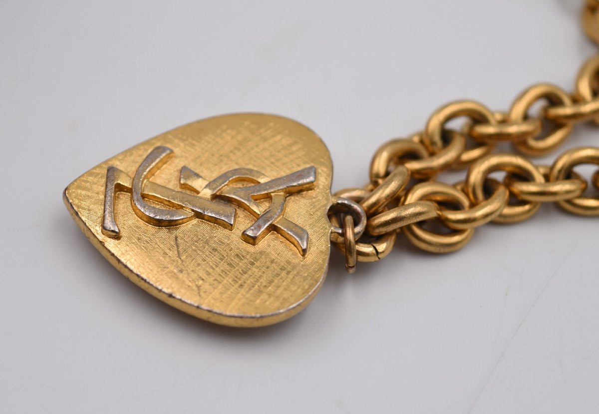 Vintage Yves Saint Laurent Blue Heart Bracelet In Gold Metal-photo-6