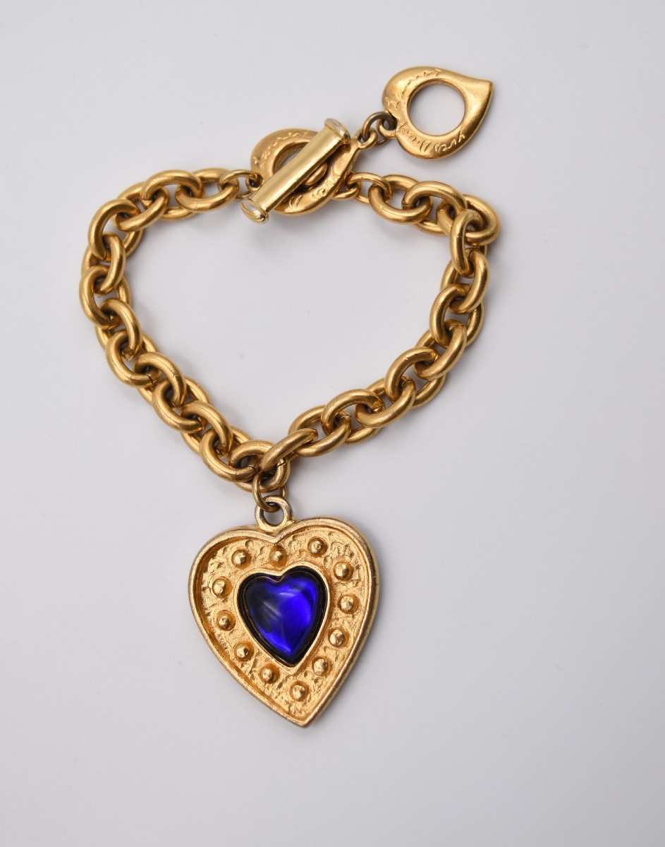 Vintage Yves Saint Laurent Blue Heart Bracelet In Gold Metal