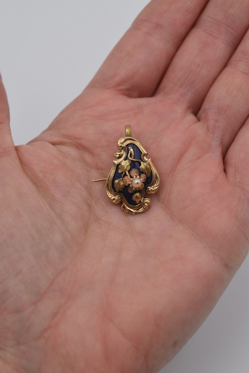 Broche Du XIX ème Siècle En Vermeil Or émail Bleu Et Perle-photo-2