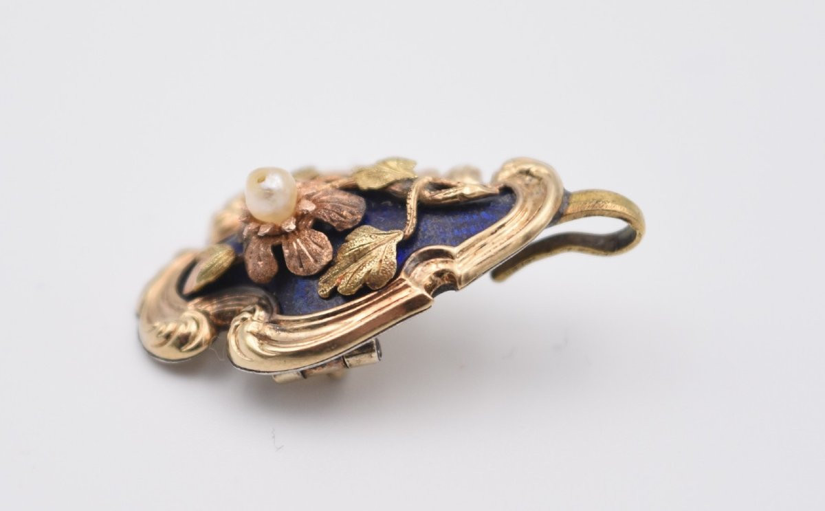 Broche Du XIX ème Siècle En Vermeil Or émail Bleu Et Perle-photo-4
