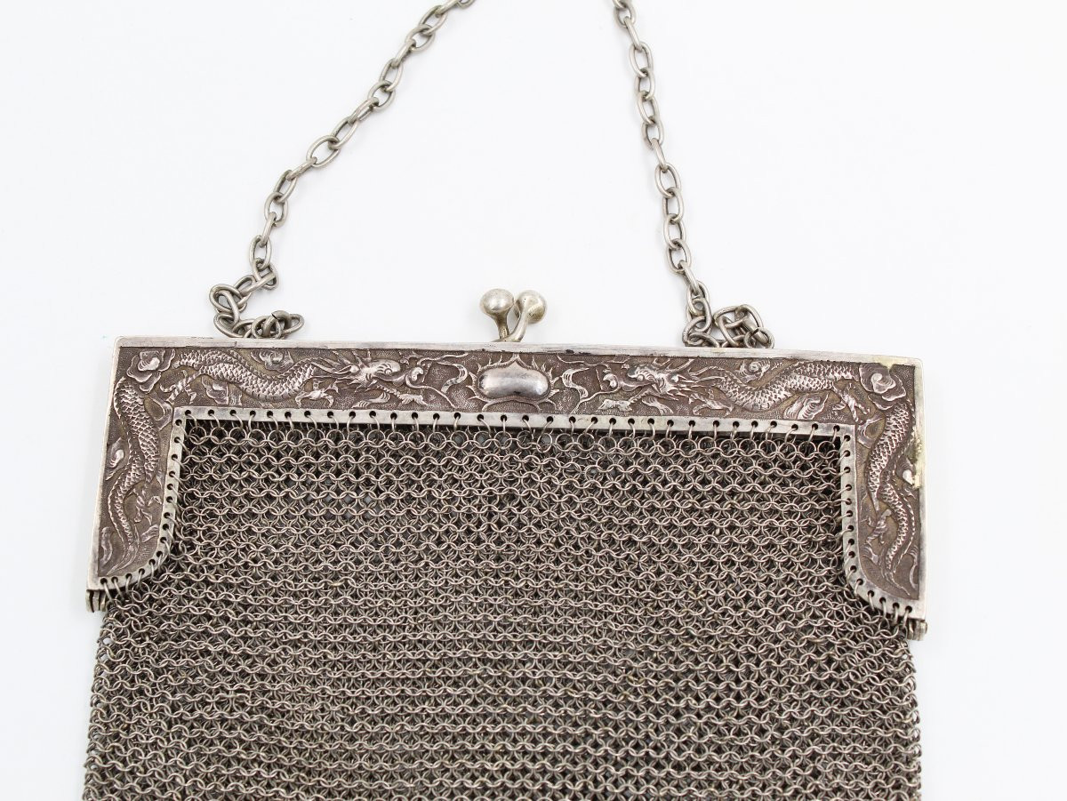 Bourse Sac Aumoniere En Argent Chine Indochine Decor De Dragons-photo-2