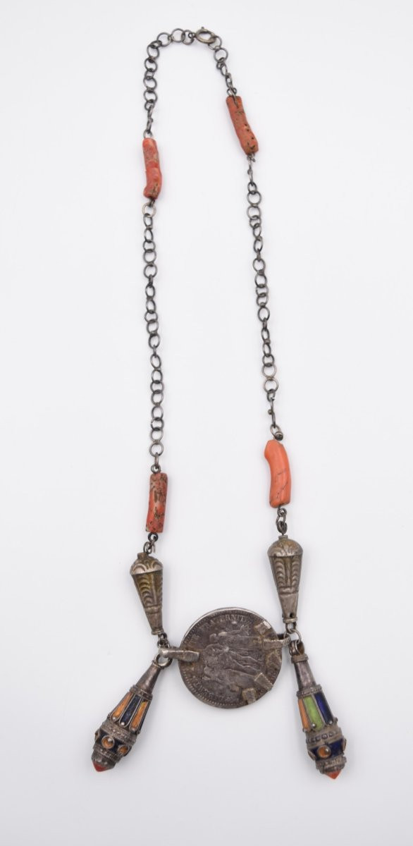Antique Silver Coral Enamel Necklace North Africa Kabyle Berber Tiznit-photo-2