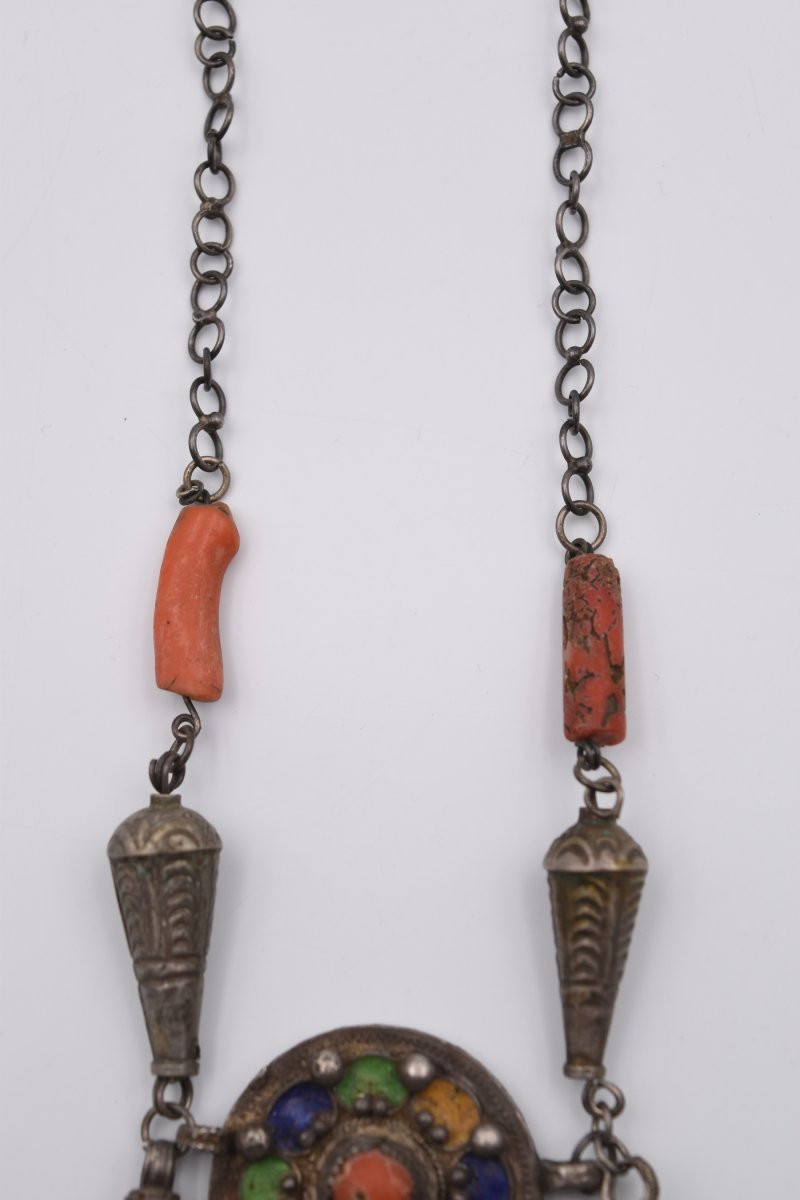 Antique Silver Coral Enamel Necklace North Africa Kabyle Berber Tiznit-photo-1