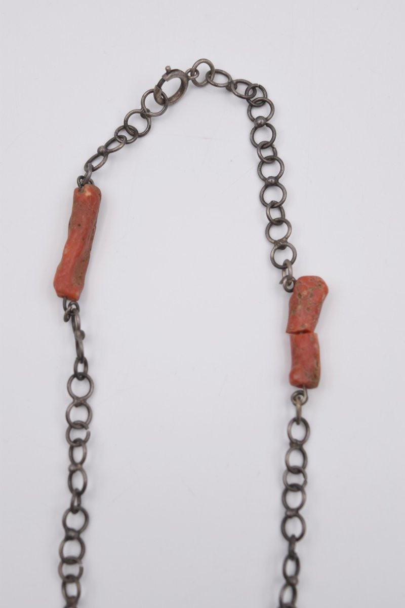Antique Silver Coral Enamel Necklace North Africa Kabyle Berber Tiznit-photo-2