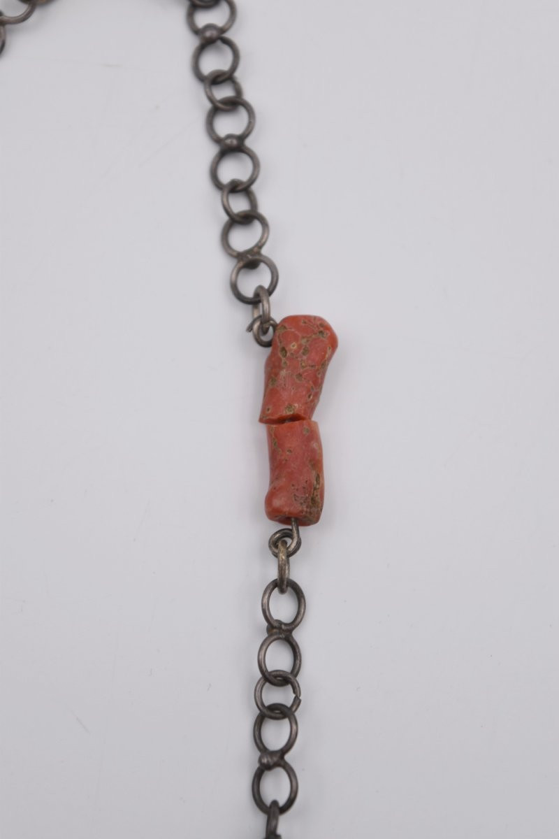 Antique Silver Coral Enamel Necklace North Africa Kabyle Berber Tiznit-photo-3