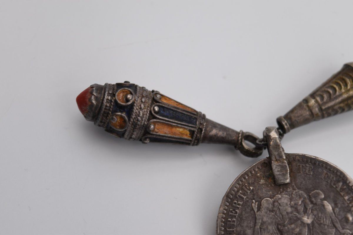 Antique Silver Coral Enamel Necklace North Africa Kabyle Berber Tiznit-photo-5