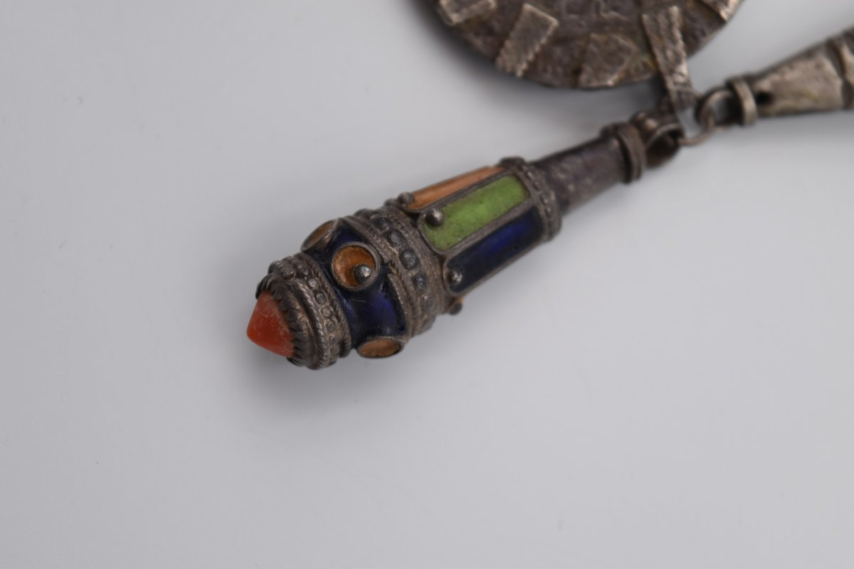 Antique Silver Coral Enamel Necklace North Africa Kabyle Berber Tiznit-photo-6