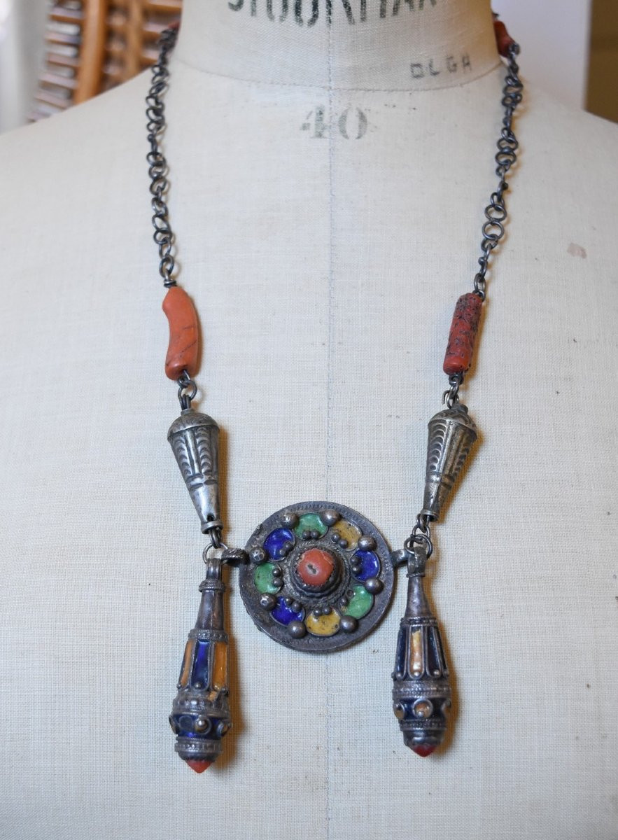 Antique Silver Coral Enamel Necklace North Africa Kabyle Berber Tiznit-photo-7