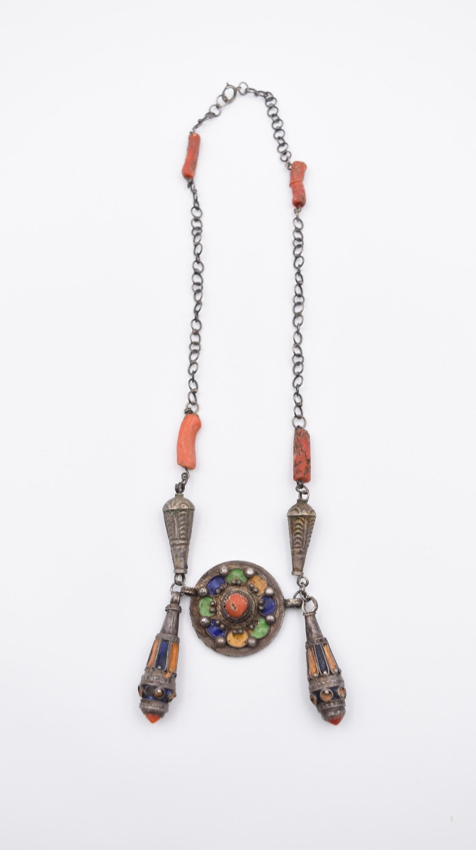 Antique Silver Coral Enamel Necklace North Africa Kabyle Berber Tiznit