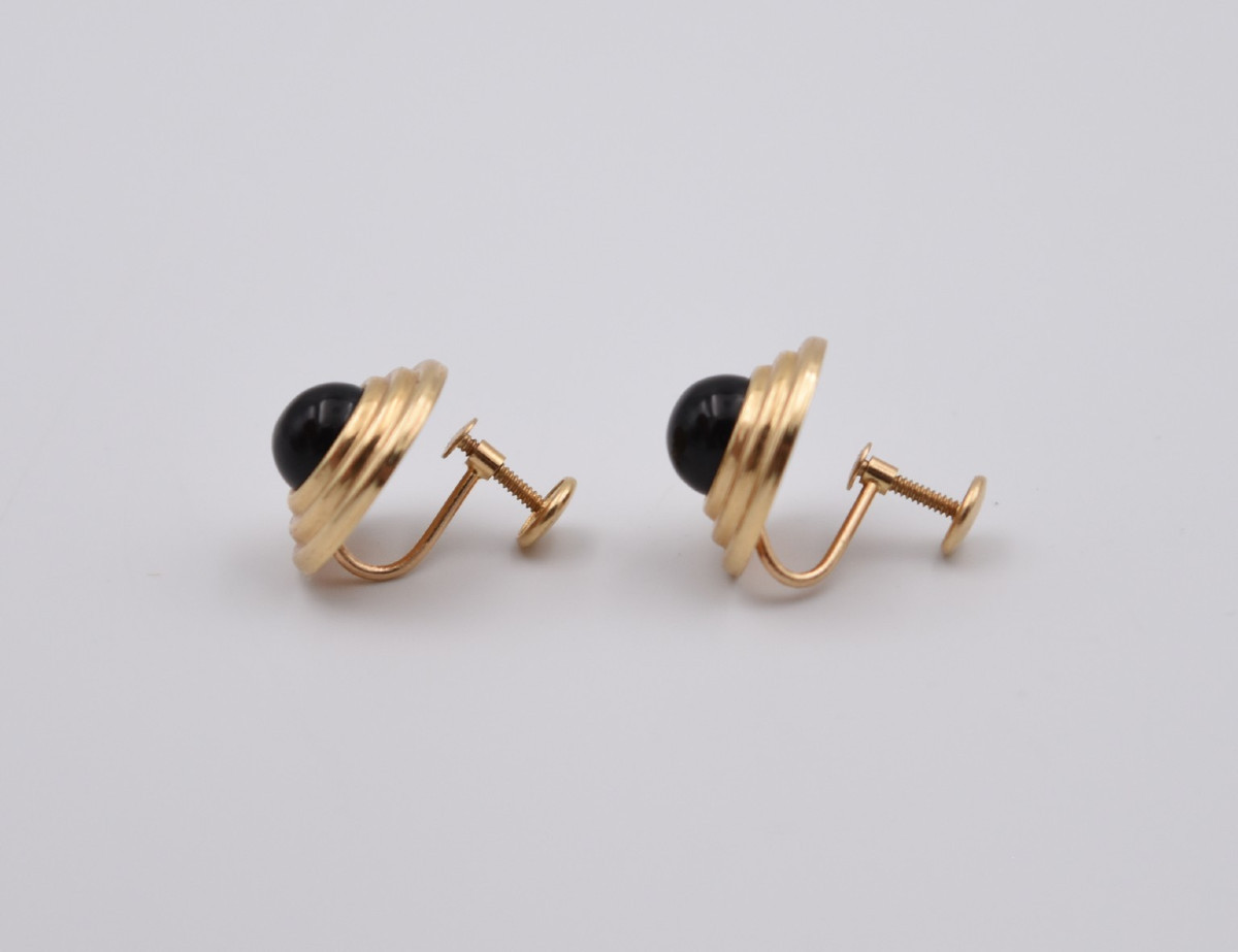 Paire De Boucles d'Oreilles Vintage En Or 14 Carats Cabochon Pierre Dure Noire
