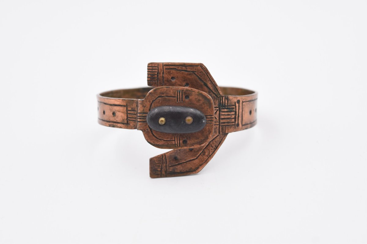 Vintage Modernist Brutalist 70's Copper And Pebble Bracelet-photo-3
