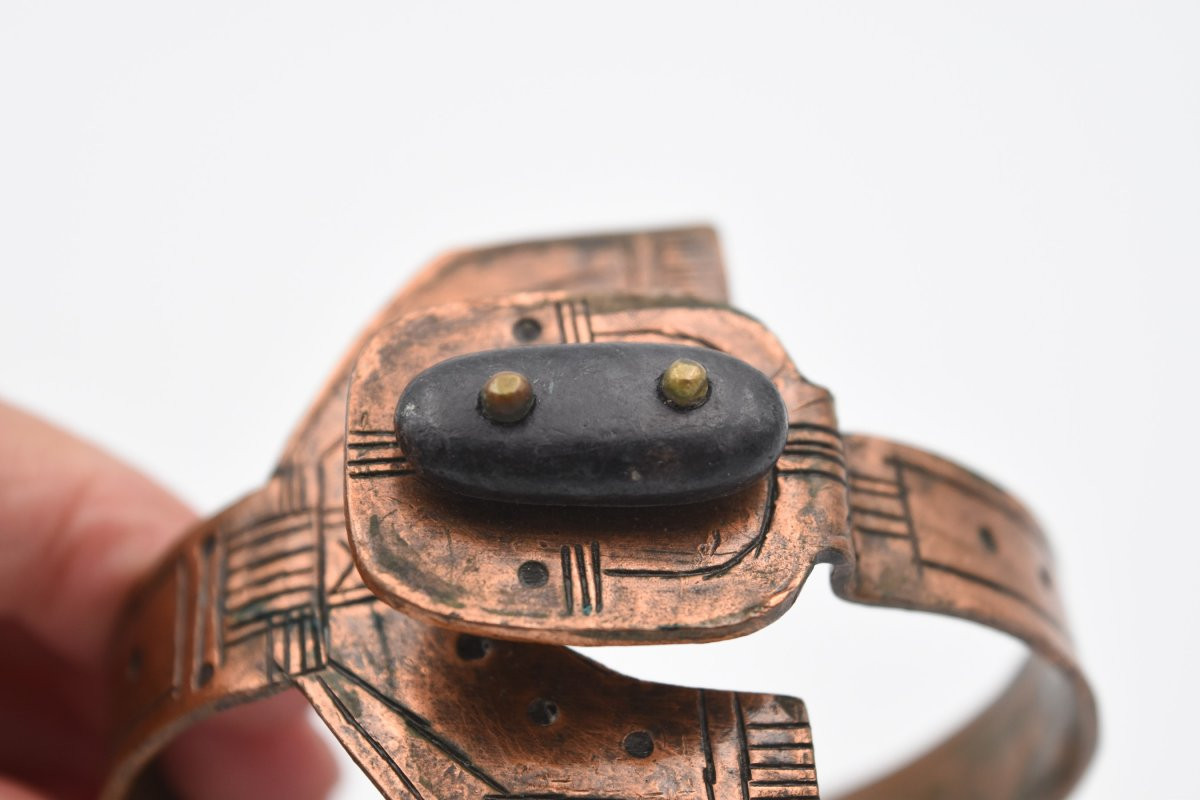 Vintage Modernist Brutalist 70's Copper And Pebble Bracelet-photo-8