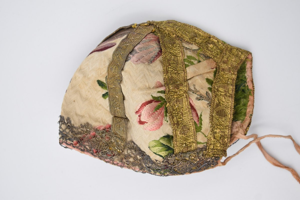 Bonnet Béguin d'Enfant Garçonnet Fin Du XVIIIème Siècle Alsace Soie Brochée -photo-4