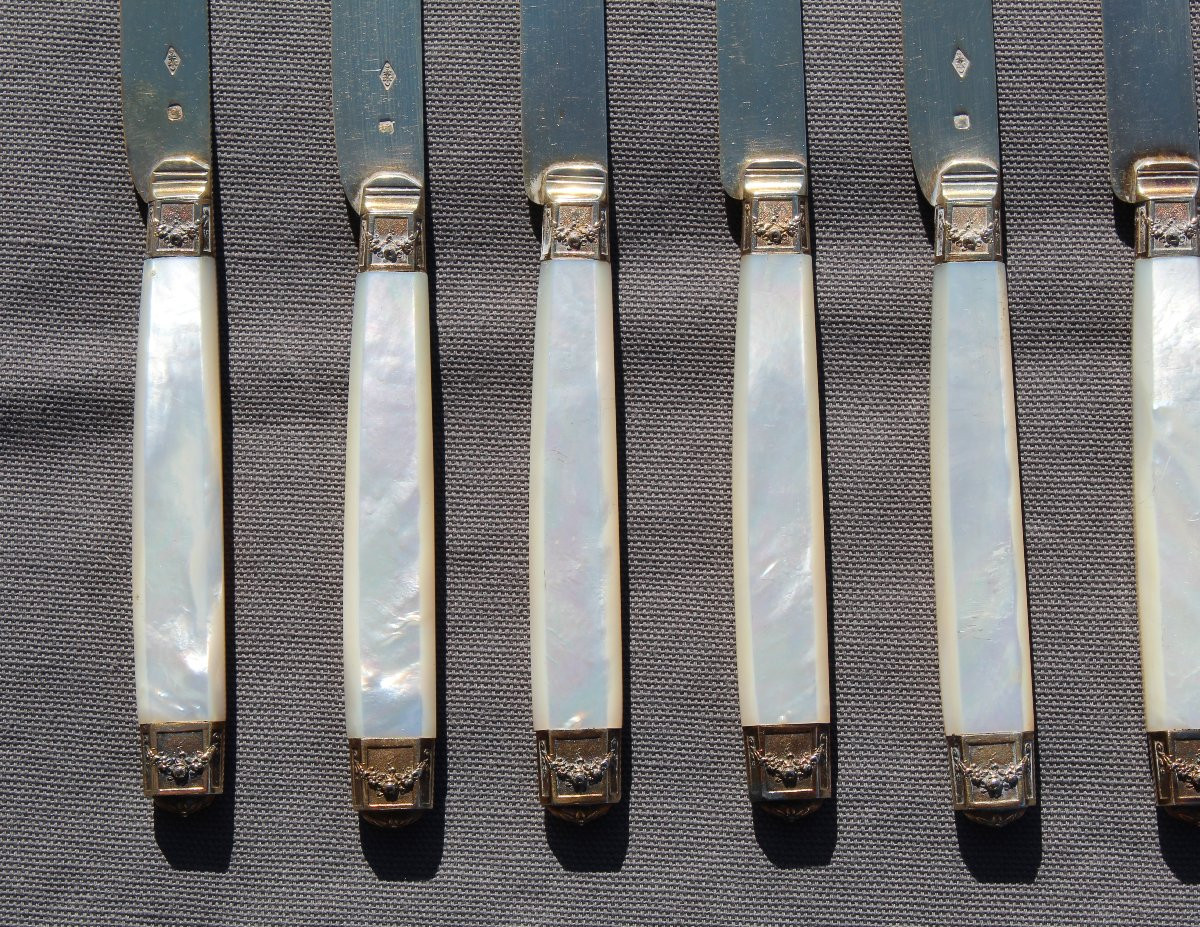 10 Knives With Mother-of-pearl Handles And Minerva Vermeil Silver Blade Orf Cardeilhac-photo-3