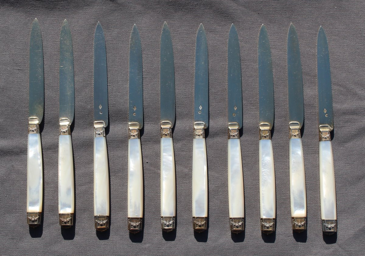 10 Knives With Mother-of-pearl Handles And Minerva Vermeil Silver Blade Orf Cardeilhac-photo-2