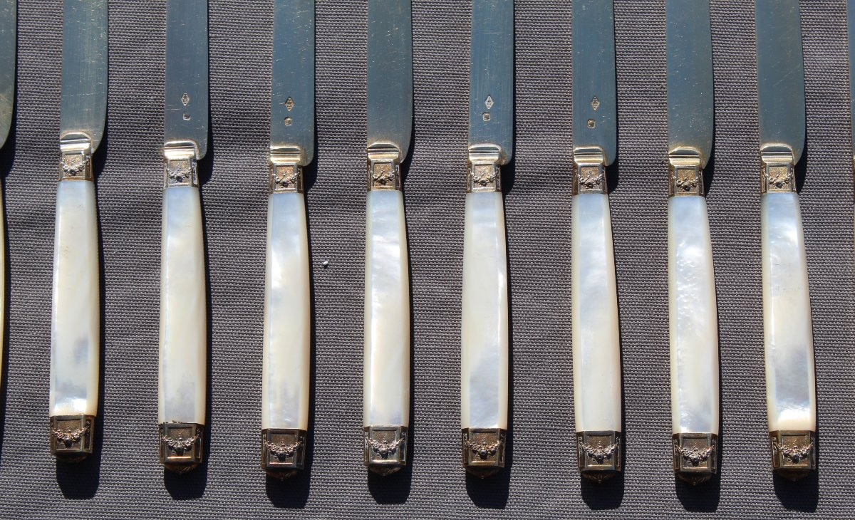 10 Knives With Mother-of-pearl Handles And Minerva Vermeil Silver Blade Orf Cardeilhac-photo-4