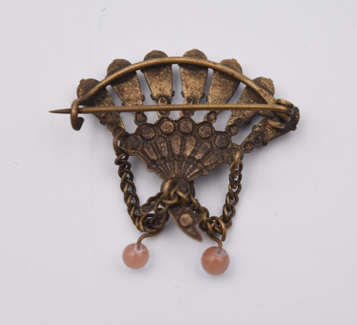Antique Fan-shaped Brooch In Sapphire And Brass-photo-3