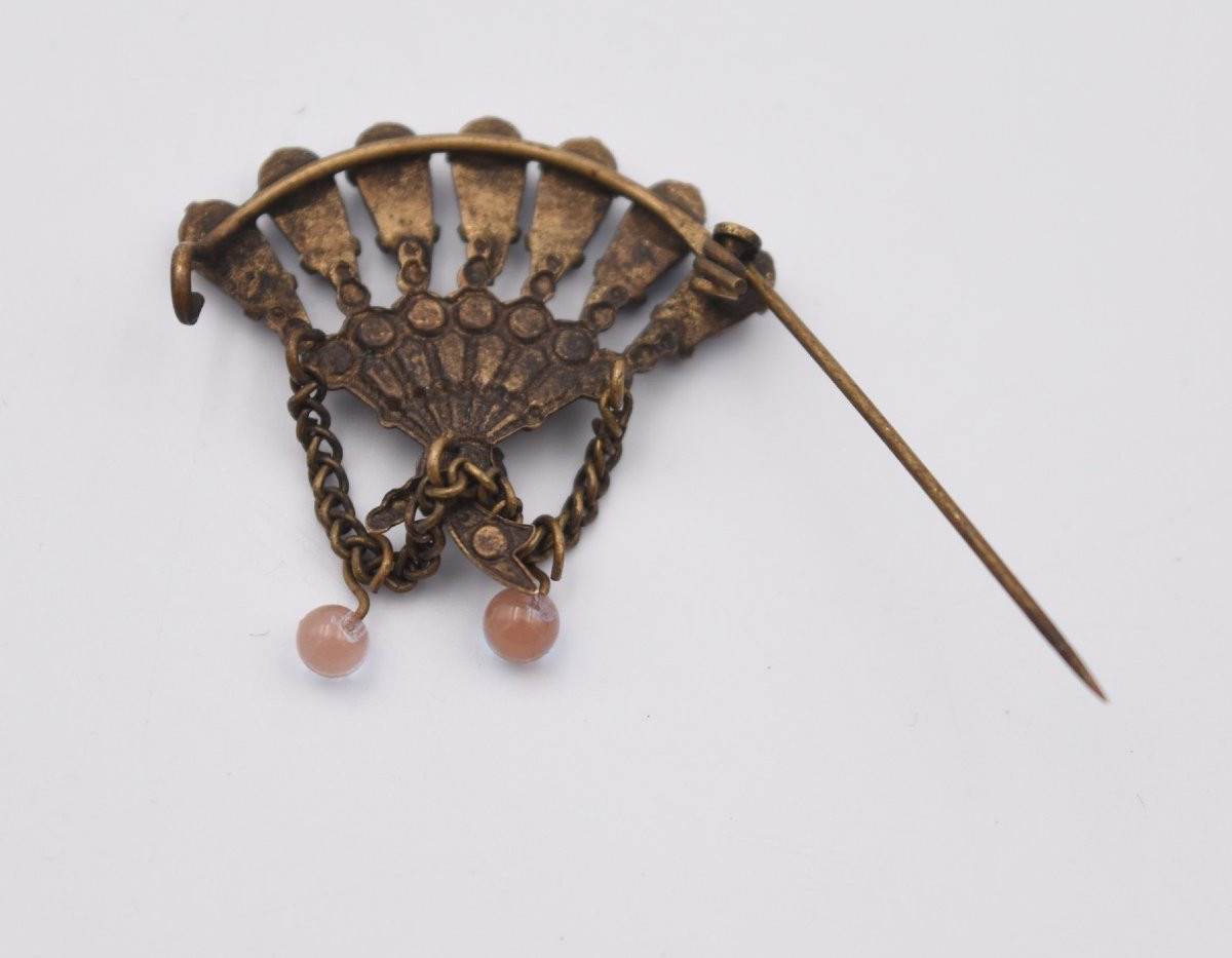 Antique Fan-shaped Brooch In Sapphire And Brass-photo-4