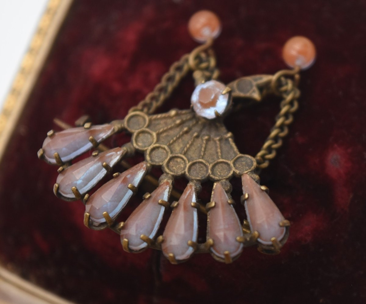 Antique Fan-shaped Brooch In Sapphire And Brass-photo-5