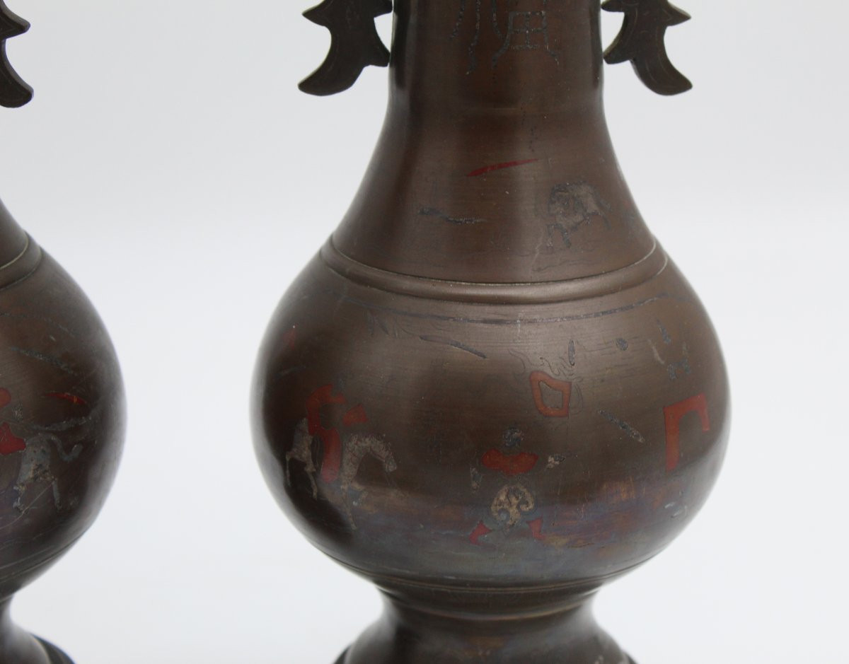 Pair Of Patina Bronze Vases With Medal And Niello Decor Vietnam Circa 1900-photo-3