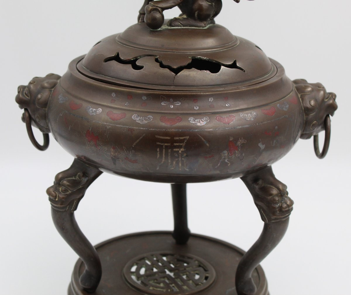 BRULE PARFUM EN BRONZE PATINE MEDAILLE DECOR NIELLE VIETNAM VERS 1900-photo-2