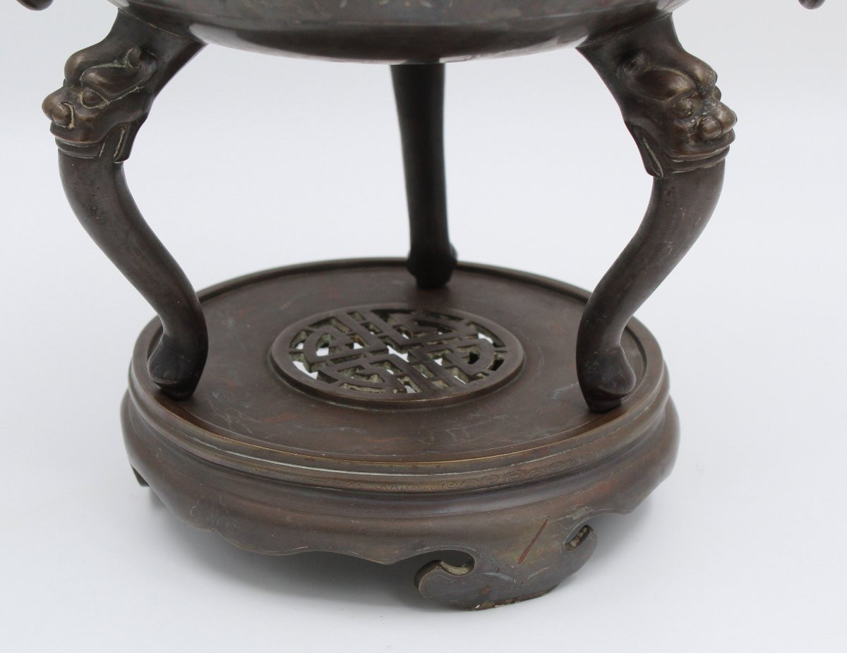 BRULE PARFUM EN BRONZE PATINE MEDAILLE DECOR NIELLE VIETNAM VERS 1900-photo-1