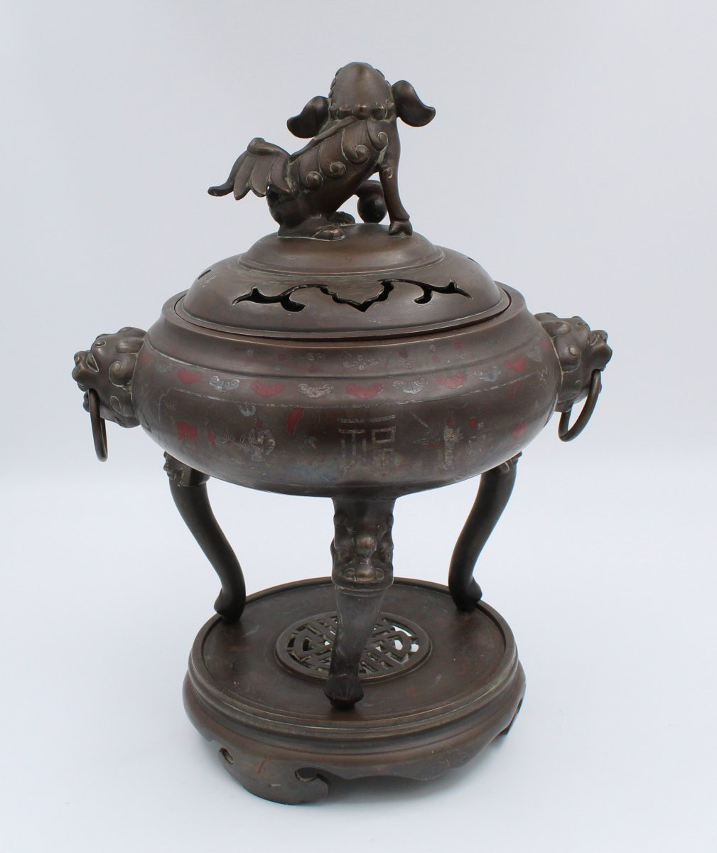 BRULE PARFUM EN BRONZE PATINE MEDAILLE DECOR NIELLE VIETNAM VERS 1900-photo-3