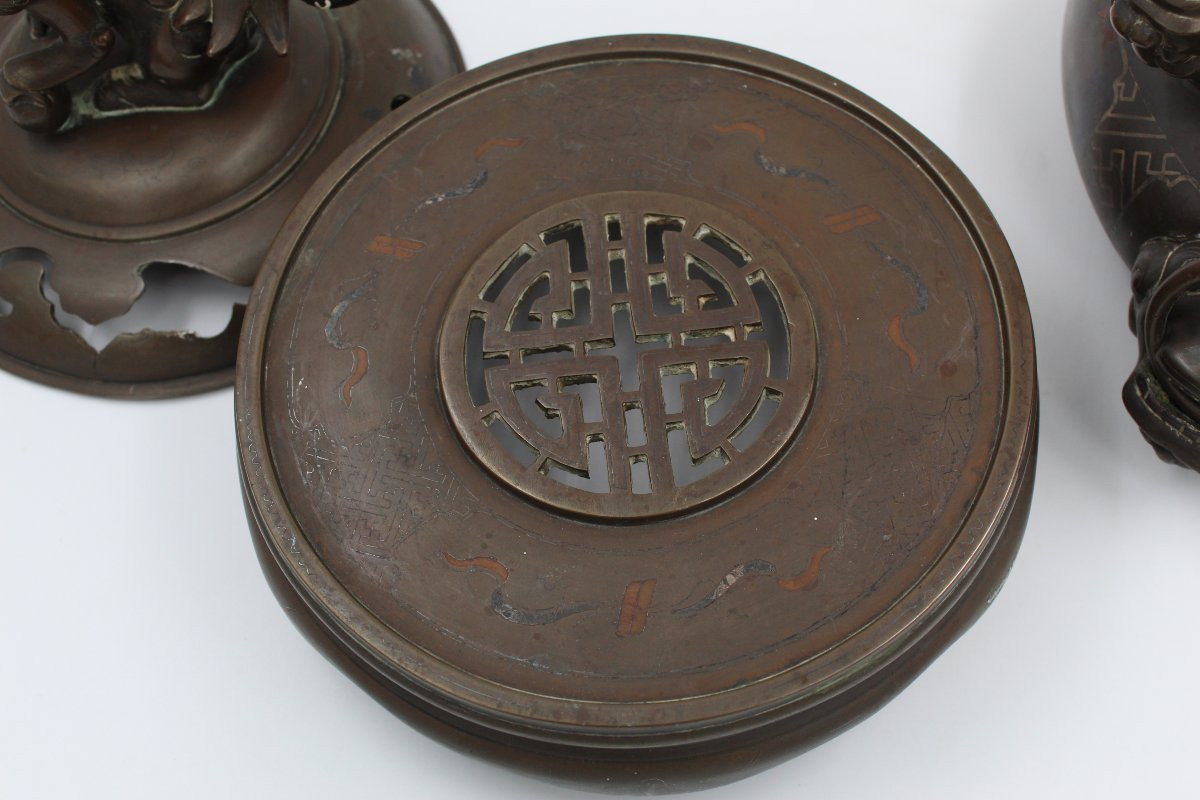 BRULE PARFUM EN BRONZE PATINE MEDAILLE DECOR NIELLE VIETNAM VERS 1900-photo-4