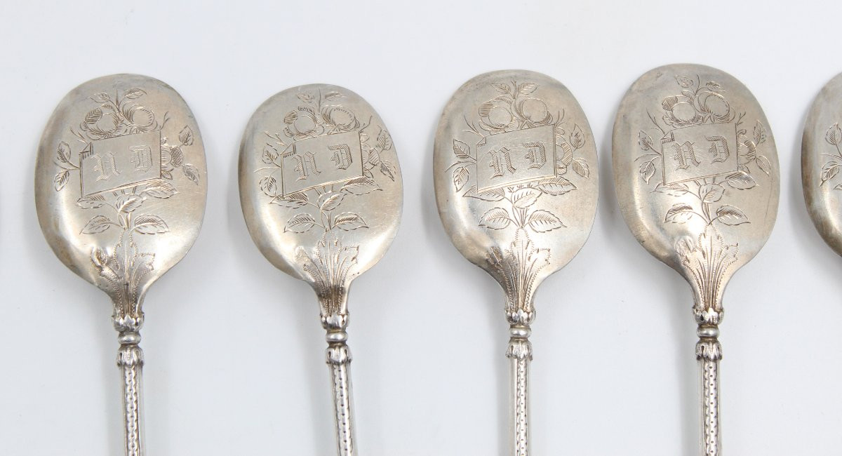 19th Century Minerva Solid Silver Bird Ice Cream Set Russian Machine-photo-3