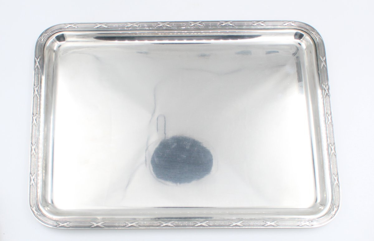 Christofle Rectangular Tray Silver-plated Metal Crossed Ribbons Louis XVI Model-photo-2