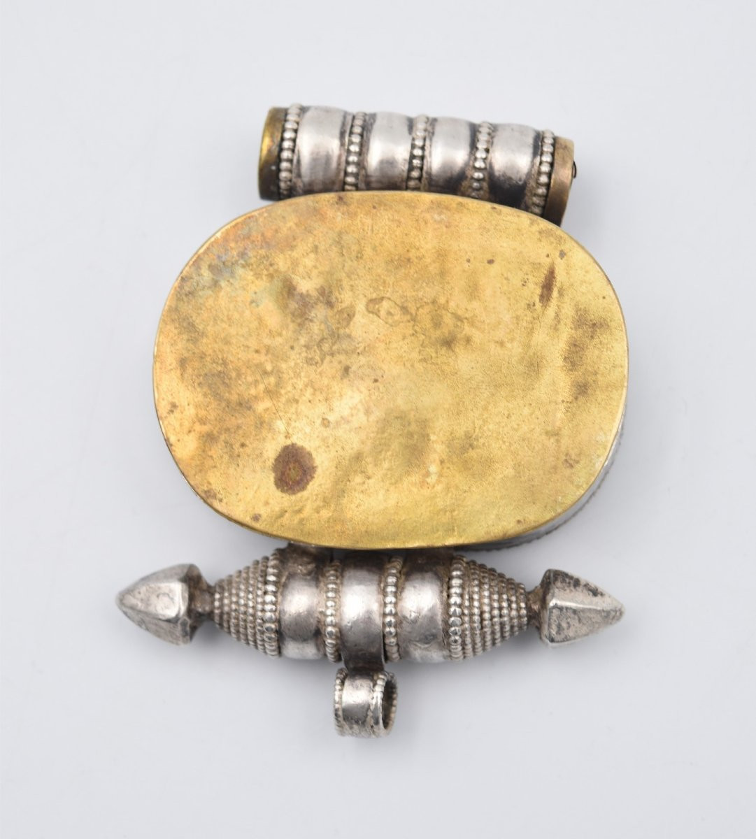 Antique Large Gau Tibet Nepal Pendant In Turquoise Silver And Brass-photo-3