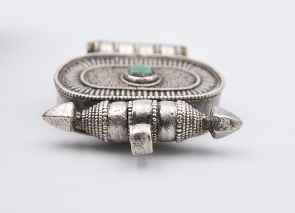 Antique Large Gau Tibet Nepal Pendant In Turquoise Silver And Brass-photo-3