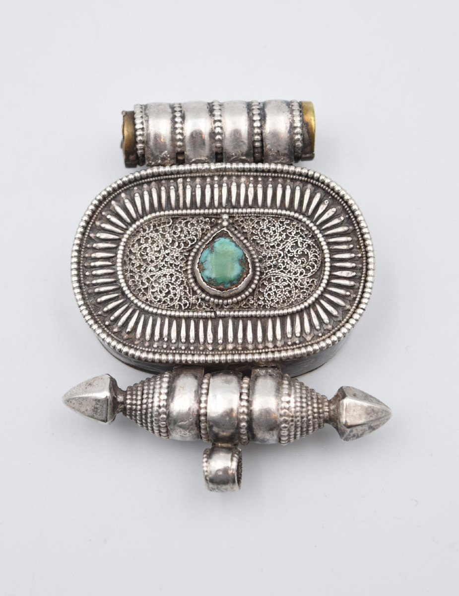 Antique Large Gau Tibet Nepal Pendant In Turquoise Silver And Brass