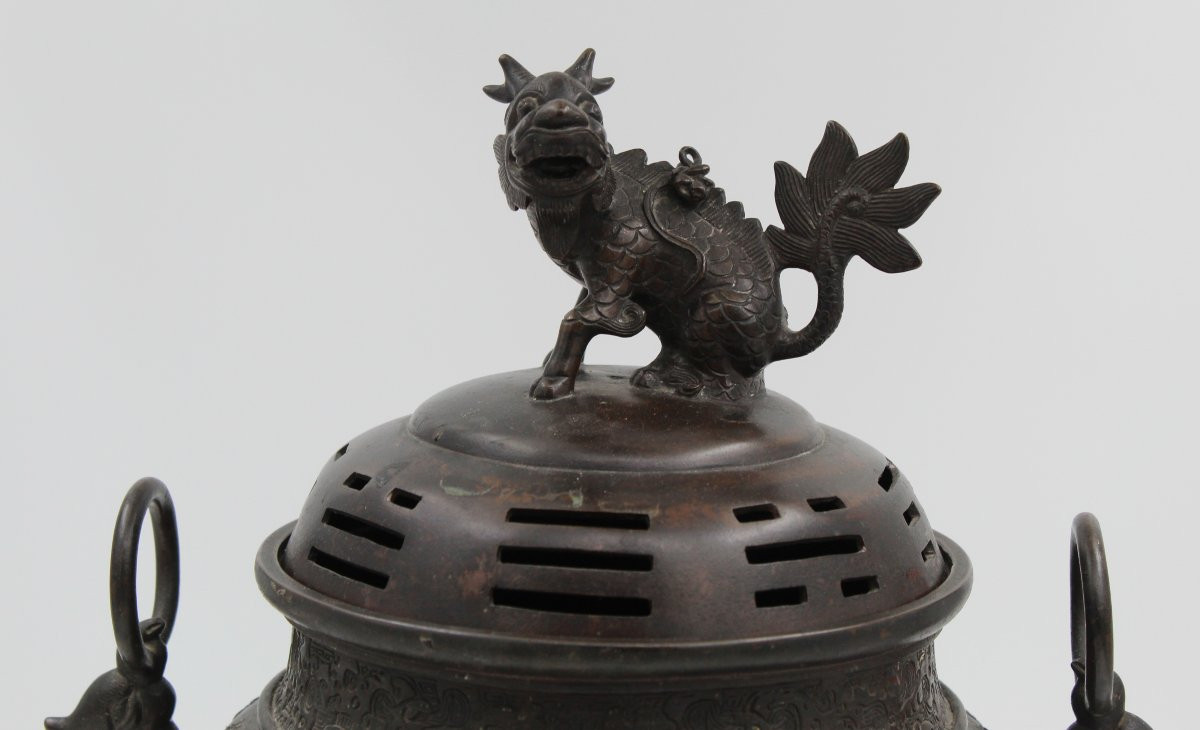 Brûle-parfum en bronze avec chien de Fô Chine Indochine Vietnam-photo-2