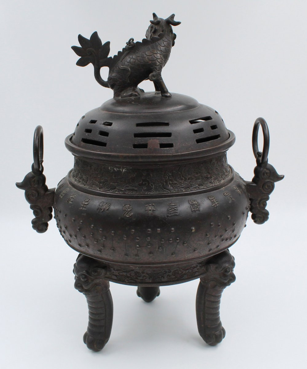 Brûle-parfum en bronze avec chien de Fô Chine Indochine Vietnam-photo-4