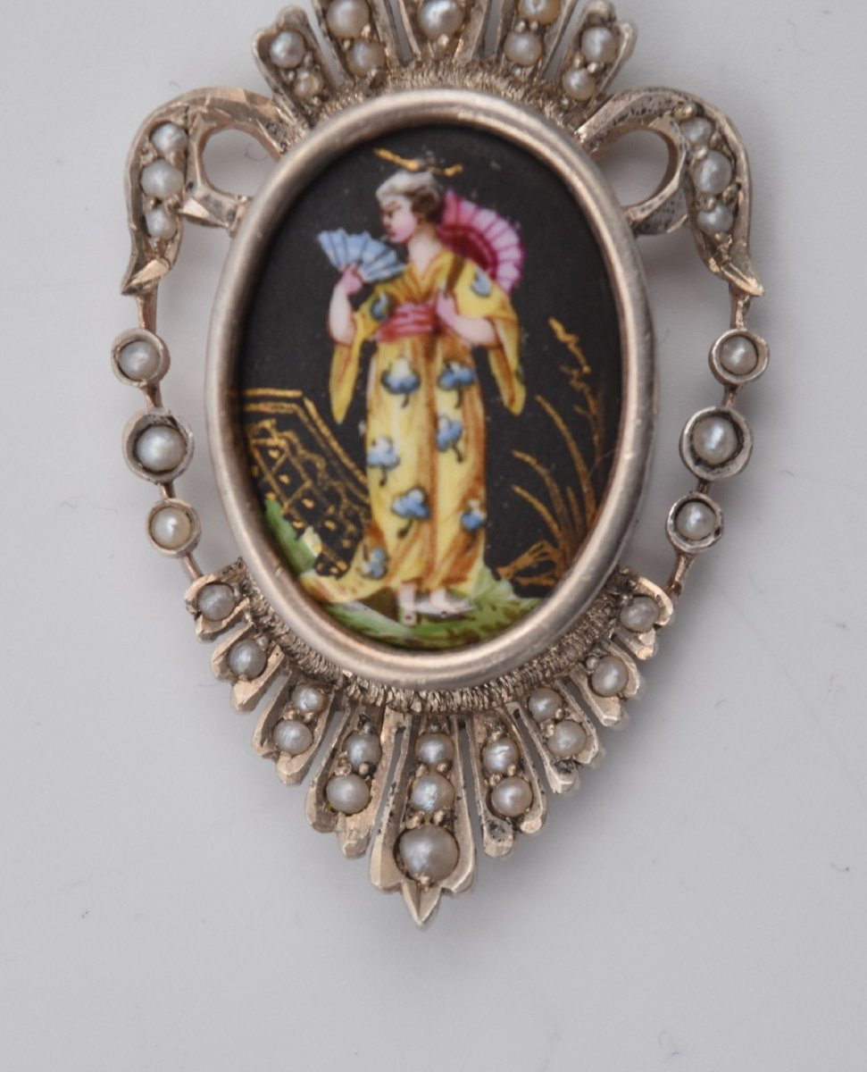Ancien pendentif argent perles et porcelaine décor japonisant de geisha-photo-3