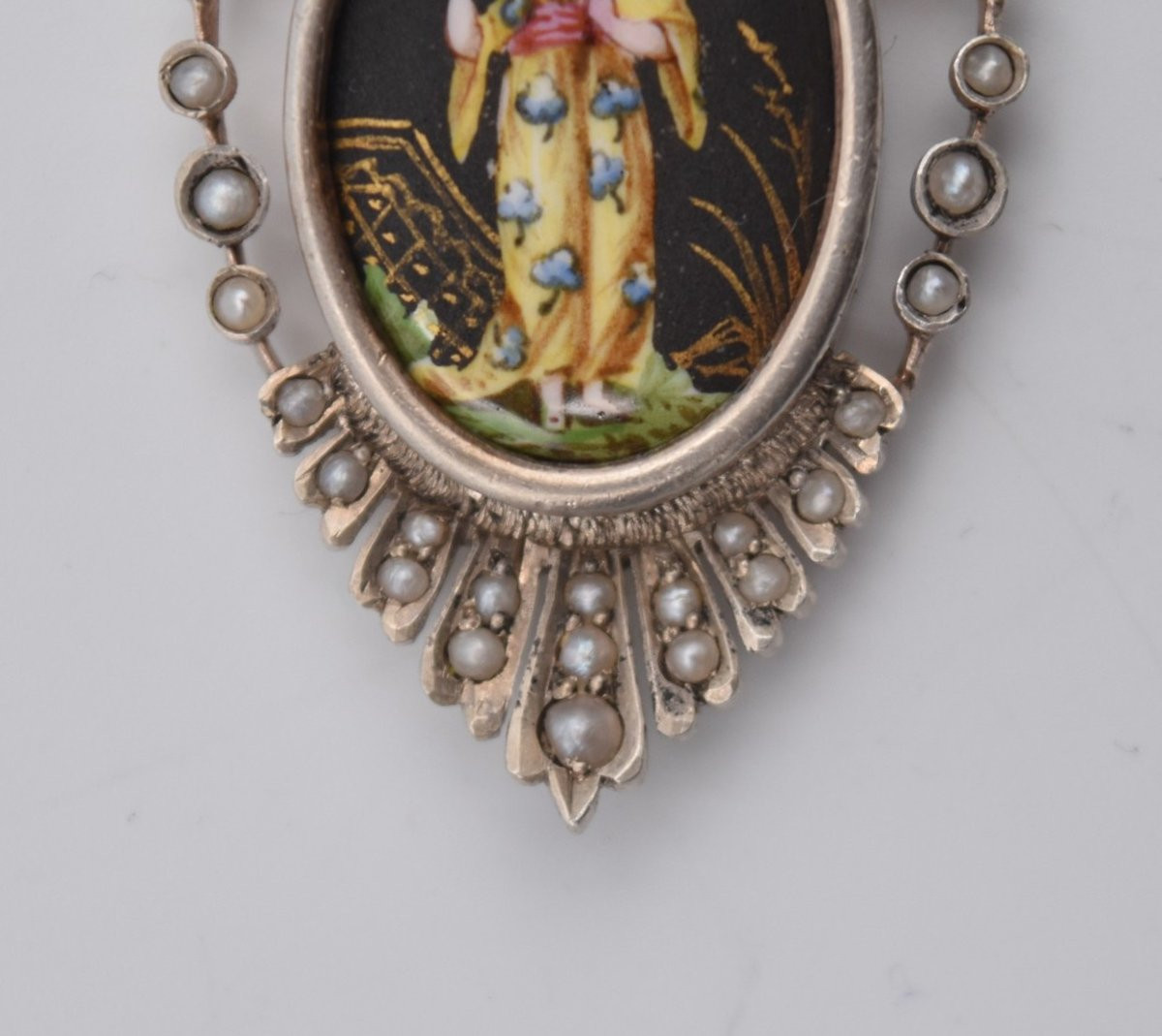 Ancien pendentif argent perles et porcelaine décor japonisant de geisha-photo-4