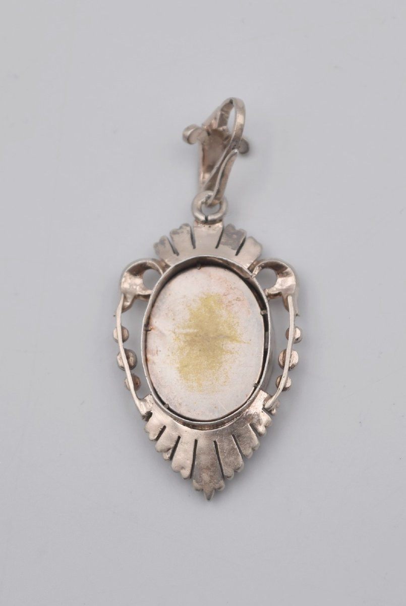 Ancien pendentif argent perles et porcelaine décor japonisant de geisha-photo-2