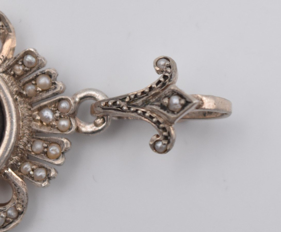 Ancien pendentif argent perles et porcelaine décor japonisant de geisha-photo-3