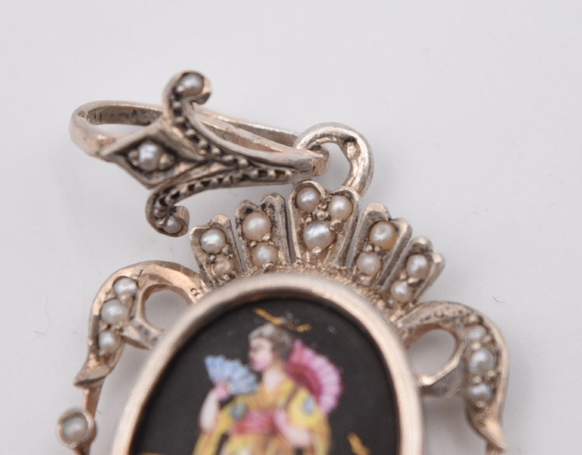 Ancien pendentif argent perles et porcelaine décor japonisant de geisha-photo-4