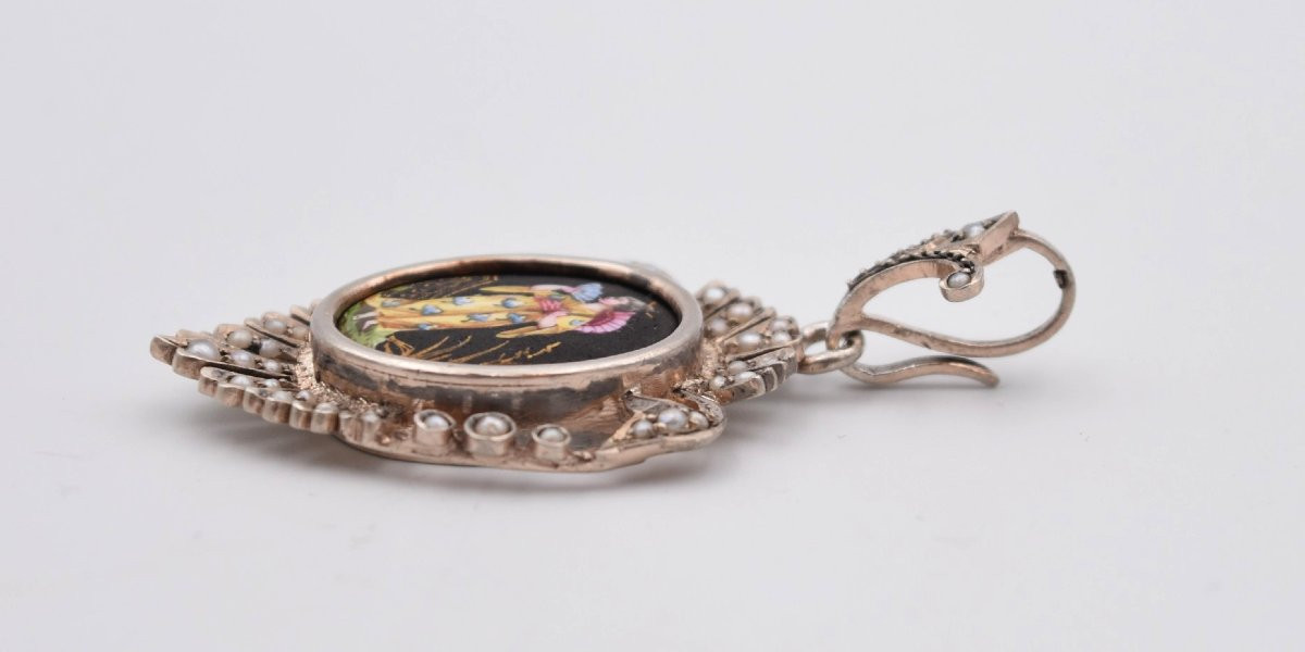 Ancien pendentif argent perles et porcelaine décor japonisant de geisha-photo-6