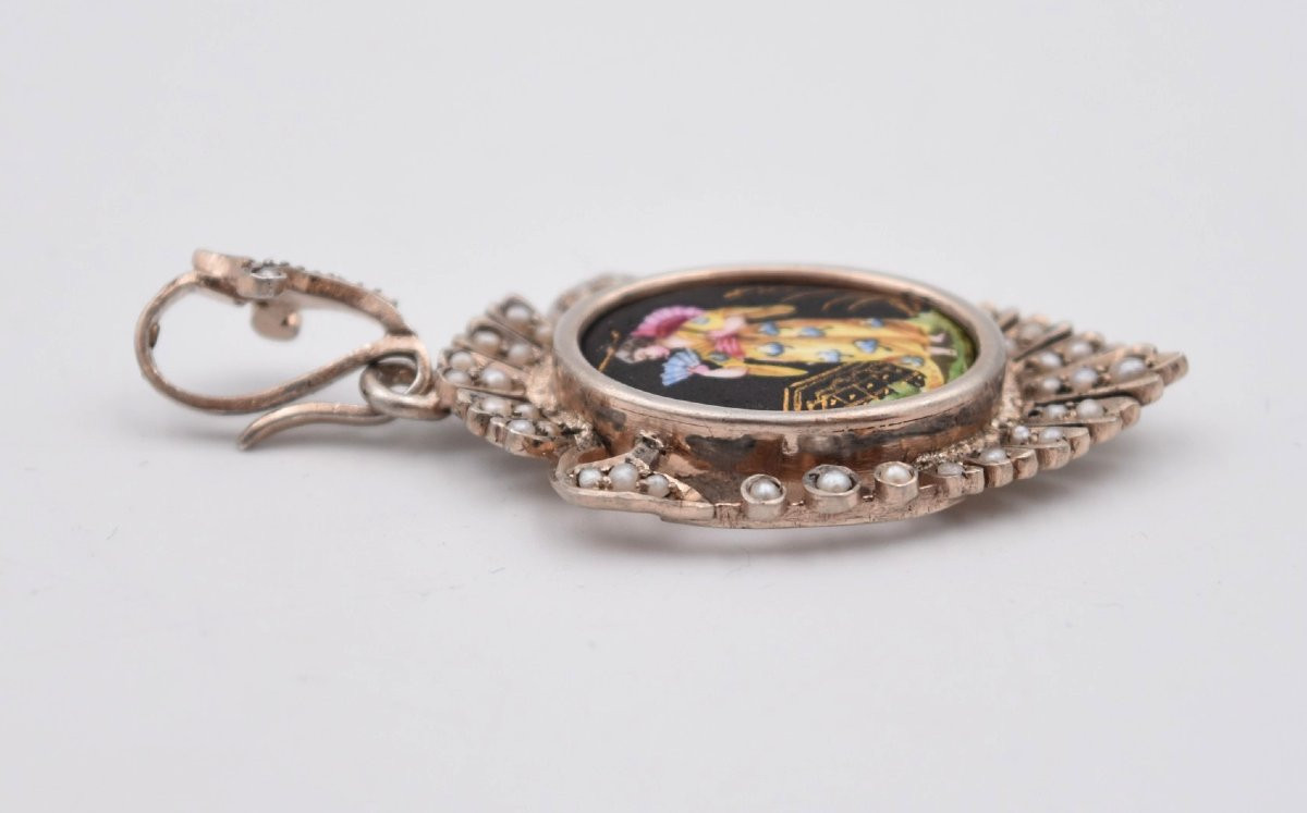 Ancien pendentif argent perles et porcelaine décor japonisant de geisha-photo-7