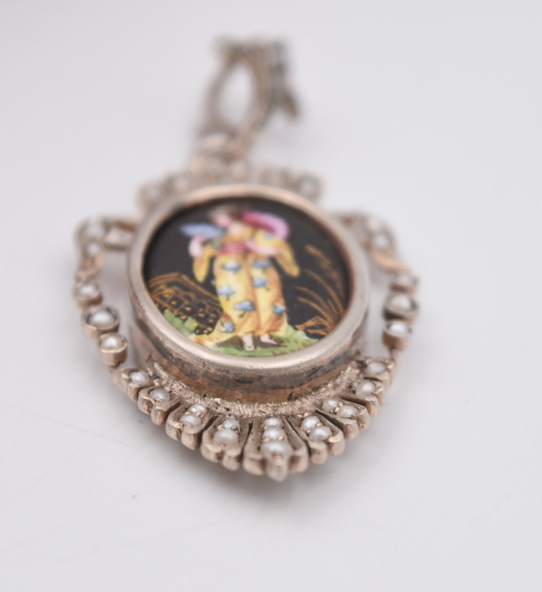 Ancien pendentif argent perles et porcelaine décor japonisant de geisha-photo-8