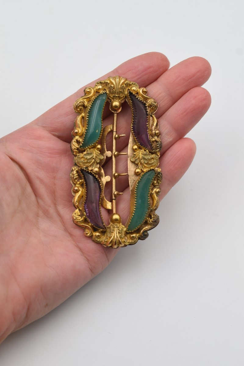 Ancienne boucle de ceinture du XIX ème siècle pomponne et pierres fines-photo-2