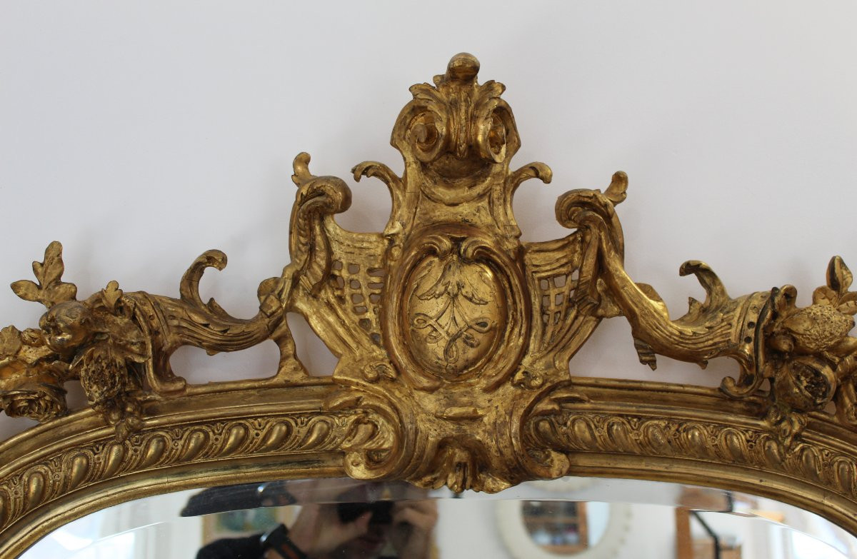 Large 19th-century Wooden And Gilt-studded Mirror With A Cornucopia Design, 210 X 1117 Cm-photo-2