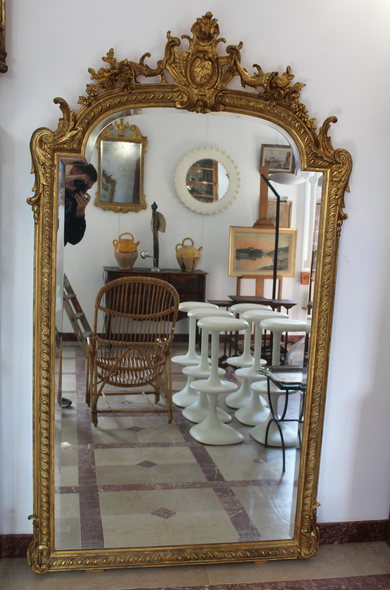 Large 19th-century Wooden And Gilt-studded Mirror With A Cornucopia Design, 210 X 1117 Cm
