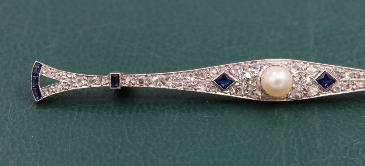 Gold And Platinum Barrette Brooch With Diamond And Sapphire, Circa 1930-photo-3