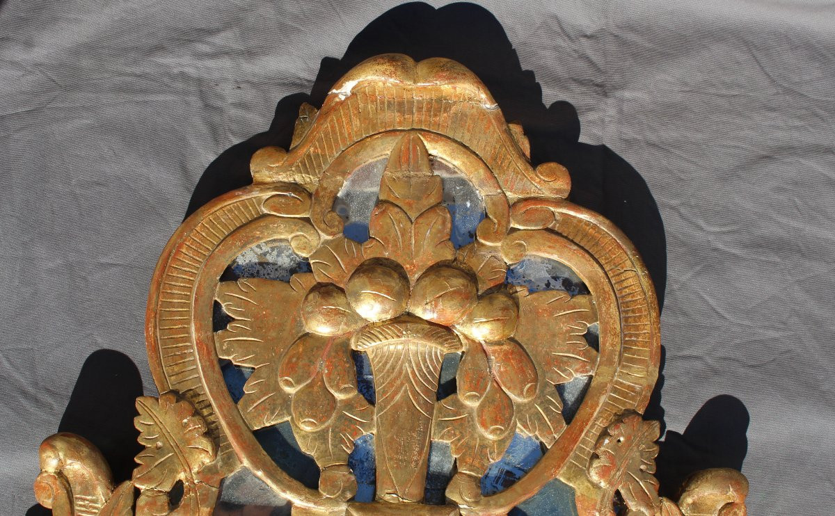 Grand miroir à parecloses dit de Beaucaire d' époque Louis XV en bois doré-photo-3