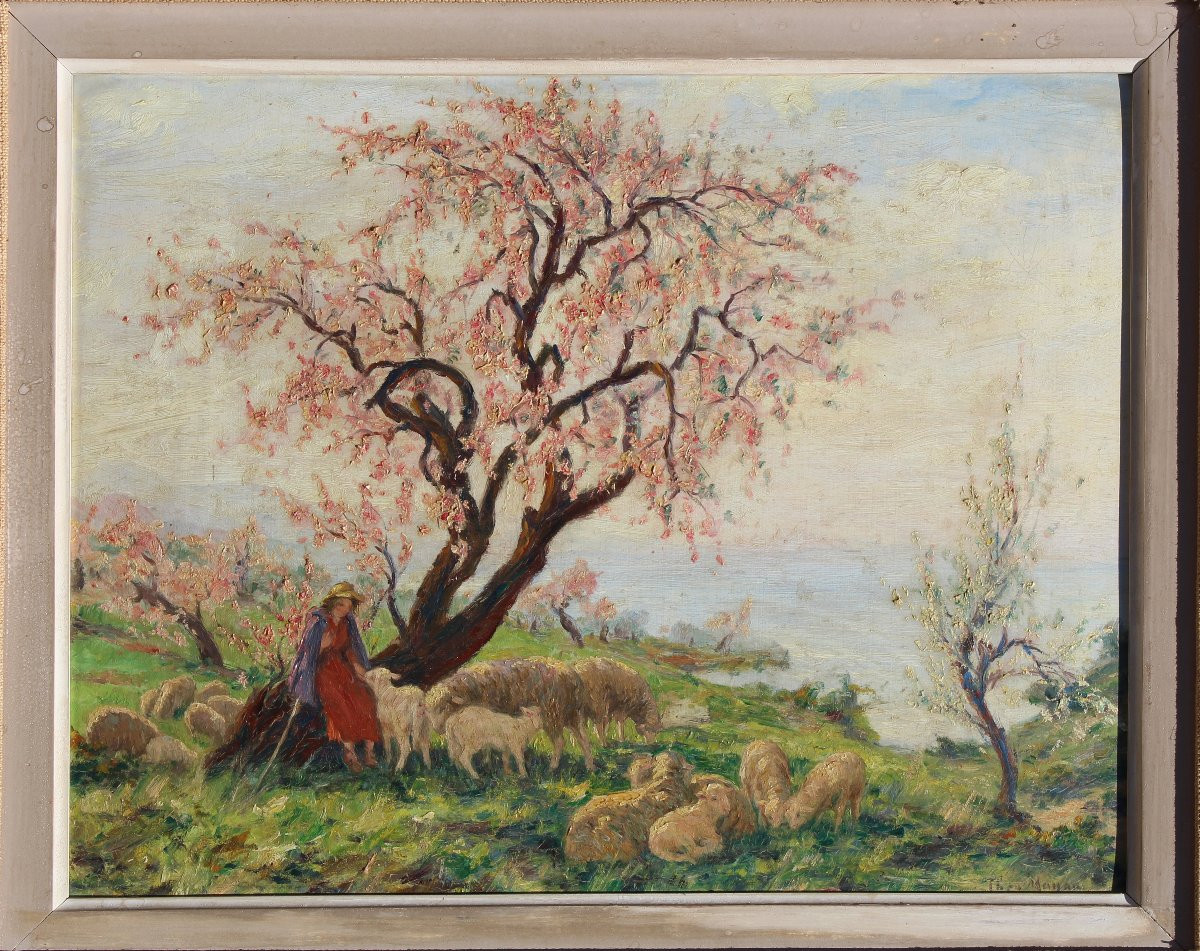 Huile sur panneau" Bergère gardant le troupeau de chèvres " peint par Théophile Mayan signé-photo-3